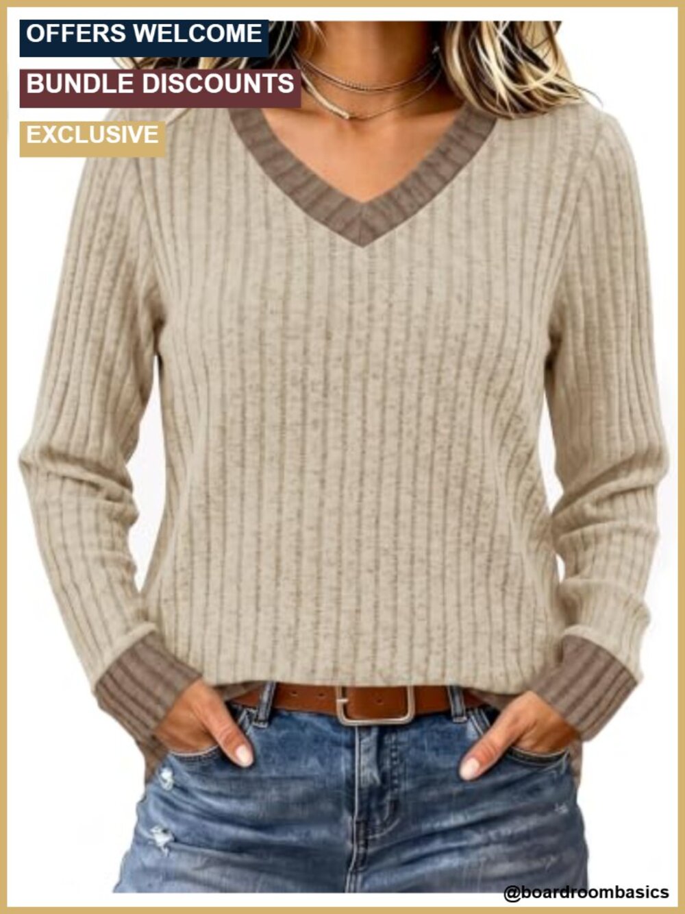 V-Neck Ribbed Long Sleeve Tunic Sweater Lightweight Pullover